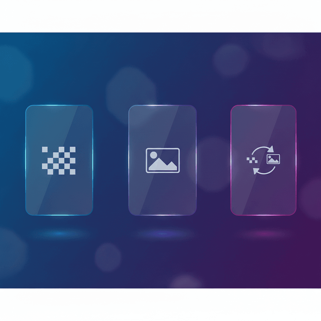 Glass code card with encoded glyphs converting into a clear image thumbnail card