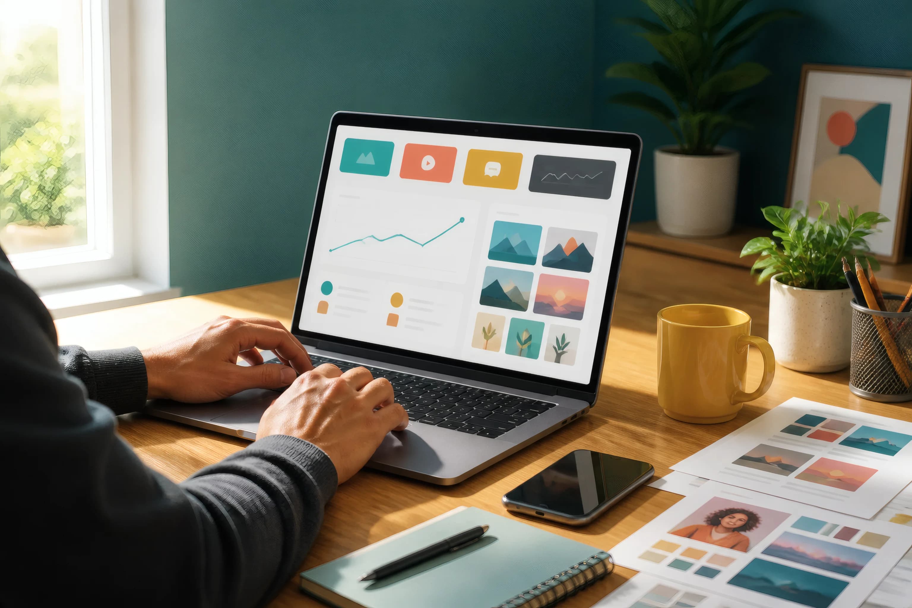 Laptop and planning materials arranged for no-code AI side-hustle work