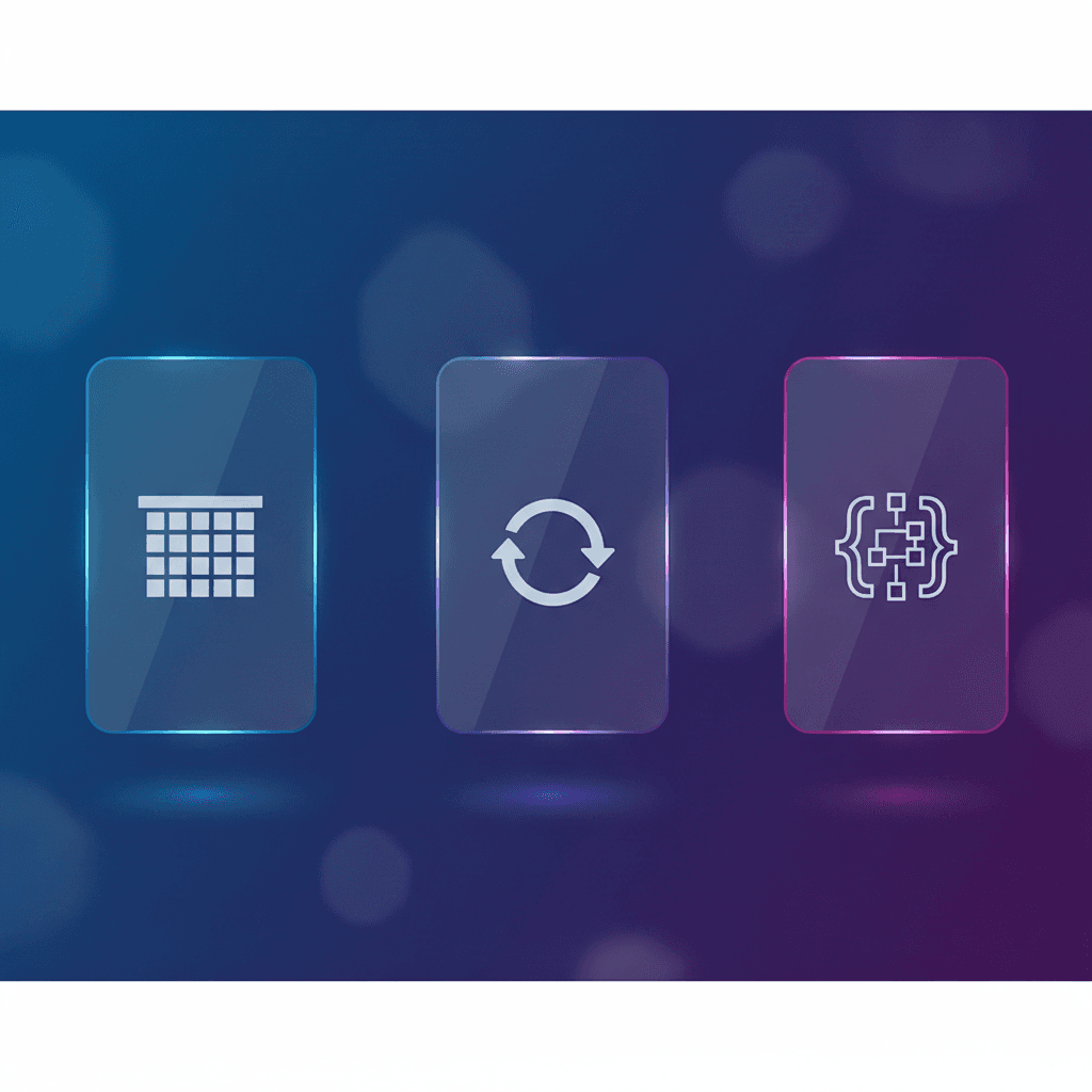 Glass table grid turning into formatted JSON brackets on a blue gradient
