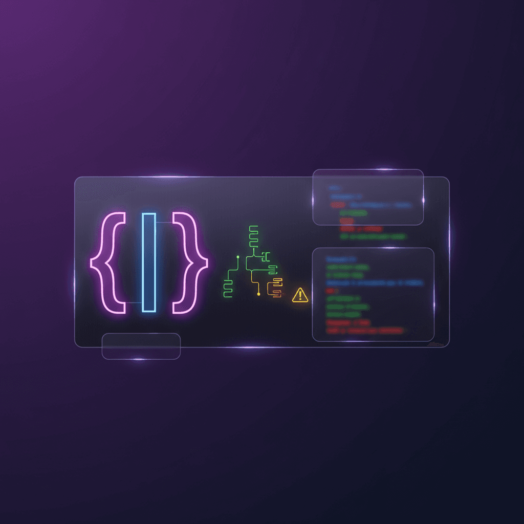 Neon glass UI with JSON brackets and error highlights