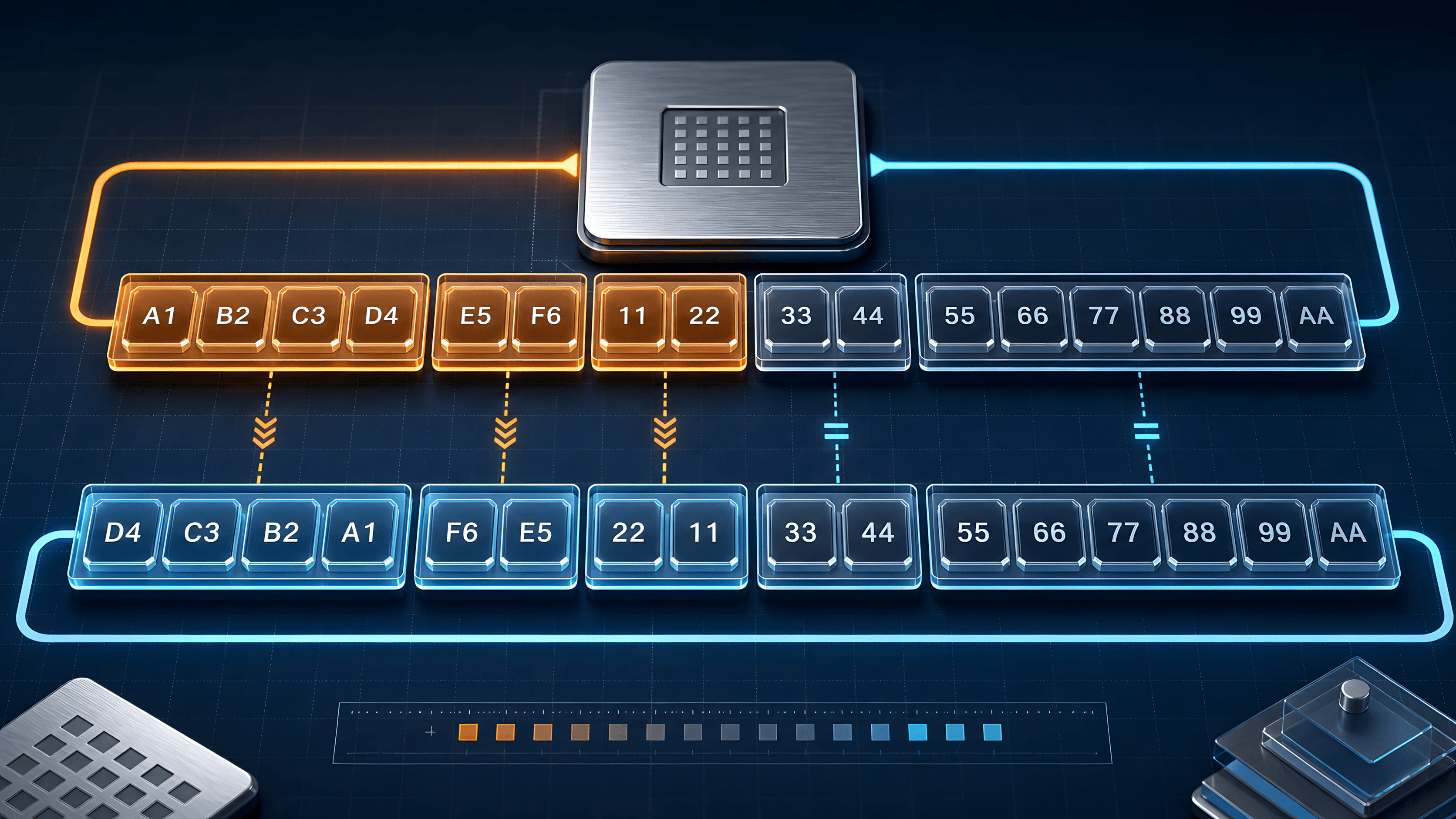 Two grouped hexadecimal identifier rows showing the first byte groups reversed while the rest stay aligned