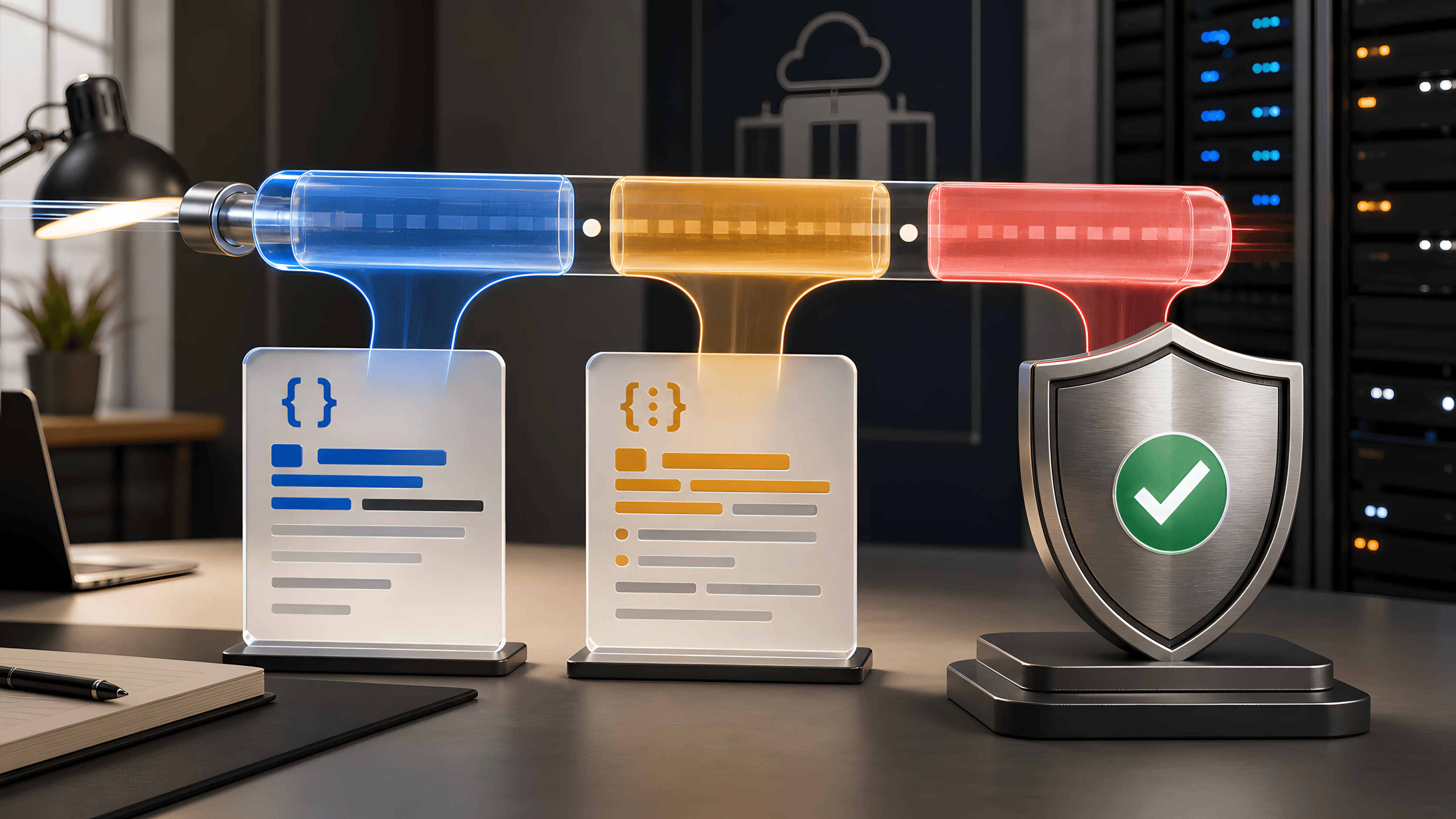 Three-part JWT token flowing into header and payload cards and a shield verifying its signature