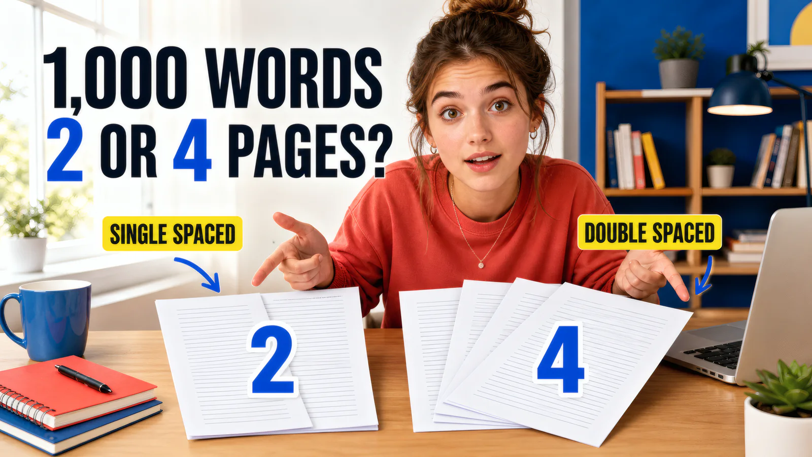 Student comparing two single-spaced pages with four double-spaced pages for 1,000 words