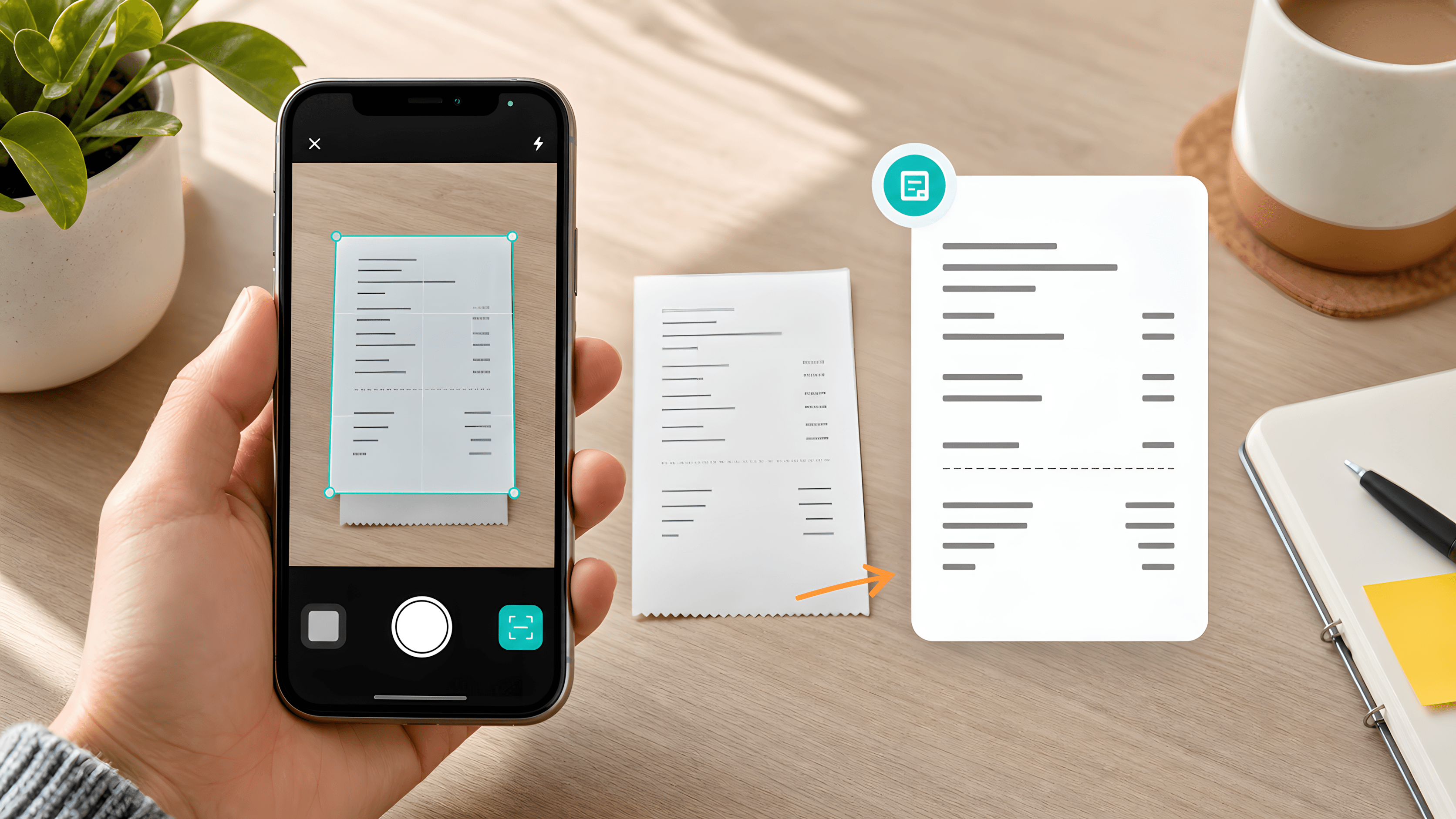 Phone camera selecting text from a receipt and converting it into a clean text document