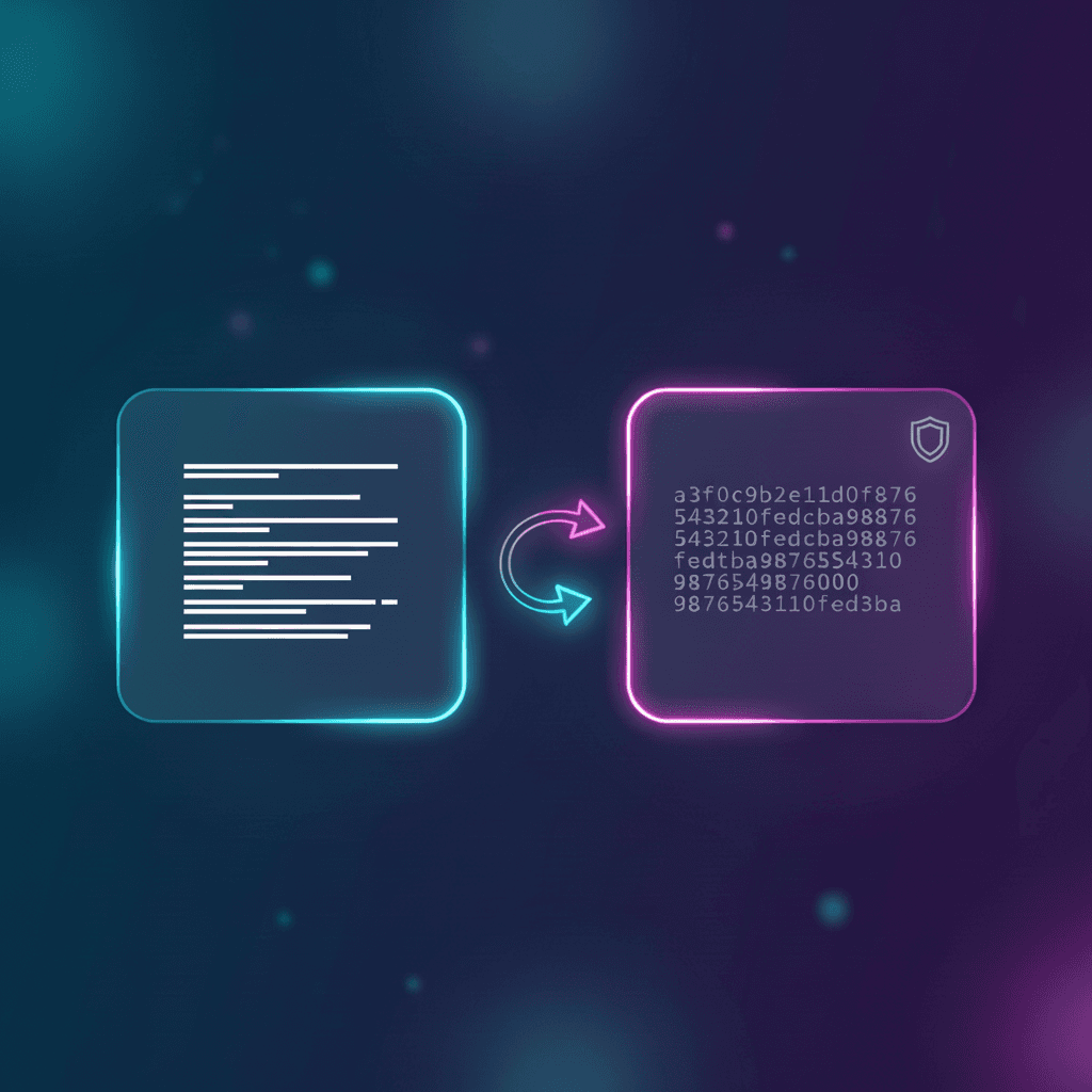 Cryptographic hash visualization showing text transforming into hexadecimal MD5 output