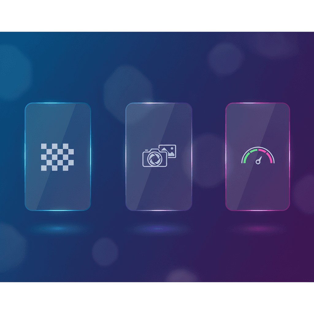 Three glass cards for PNG transparency, JPG photo, and WebP speed on a blue-violet gradient