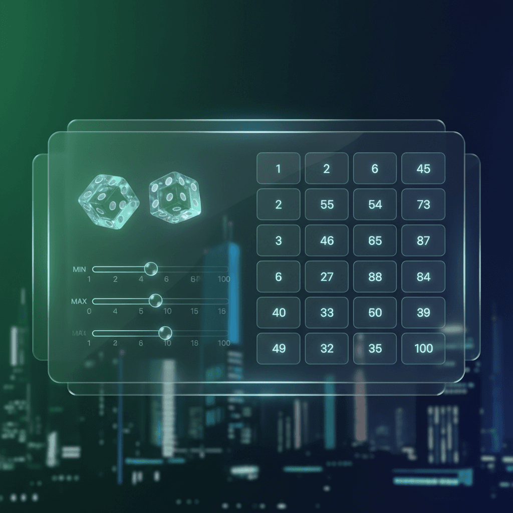 Glass UI with dice, range sliders, and grid of generated numbers over a city glow
