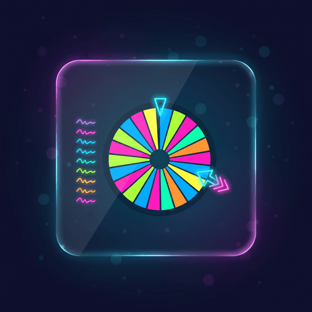 Colorful giveaway wheel with names being randomly selected on a festive background