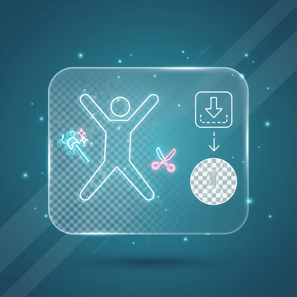 Glass cutout silhouette on a checkerboard transparency grid with clean edges on a teal-blue gradient