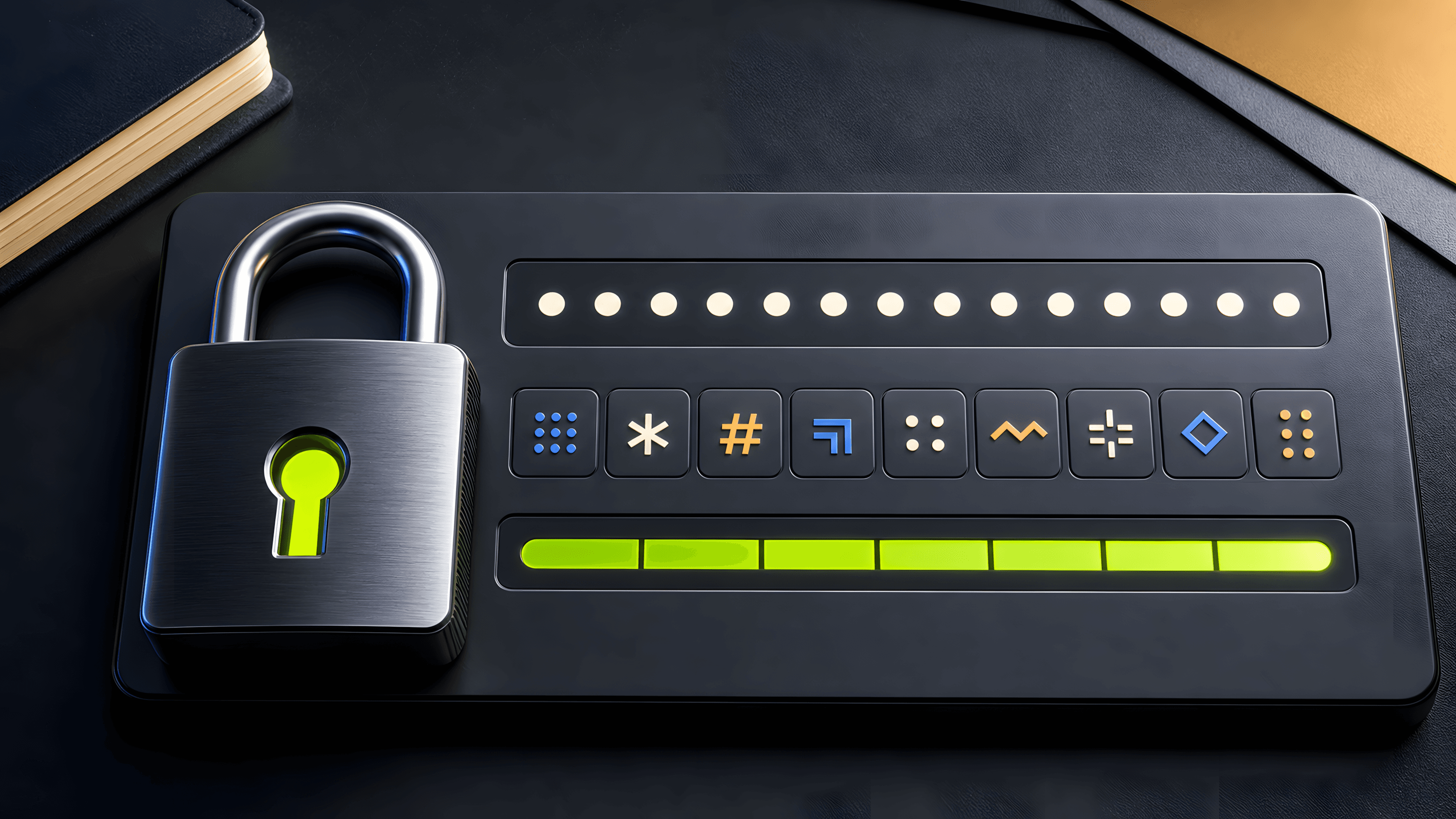 Secure password generator with masked characters, a metal padlock, and a full strength meter