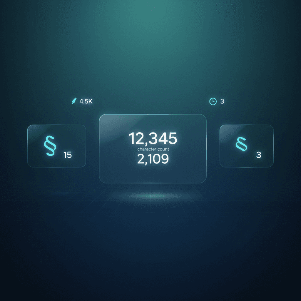 Glass panels displaying word and character counts on a teal-blue gradient