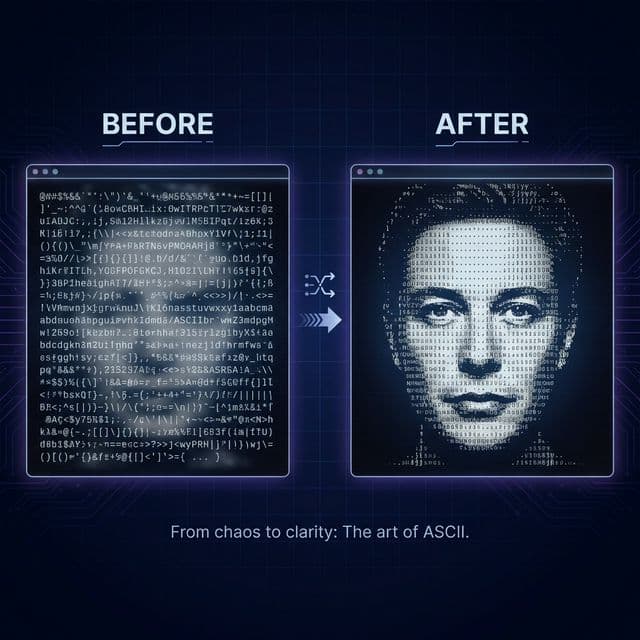 Side-by-side comparison of a blurry ASCII art output versus a clean, high-contrast version on a dark terminal background