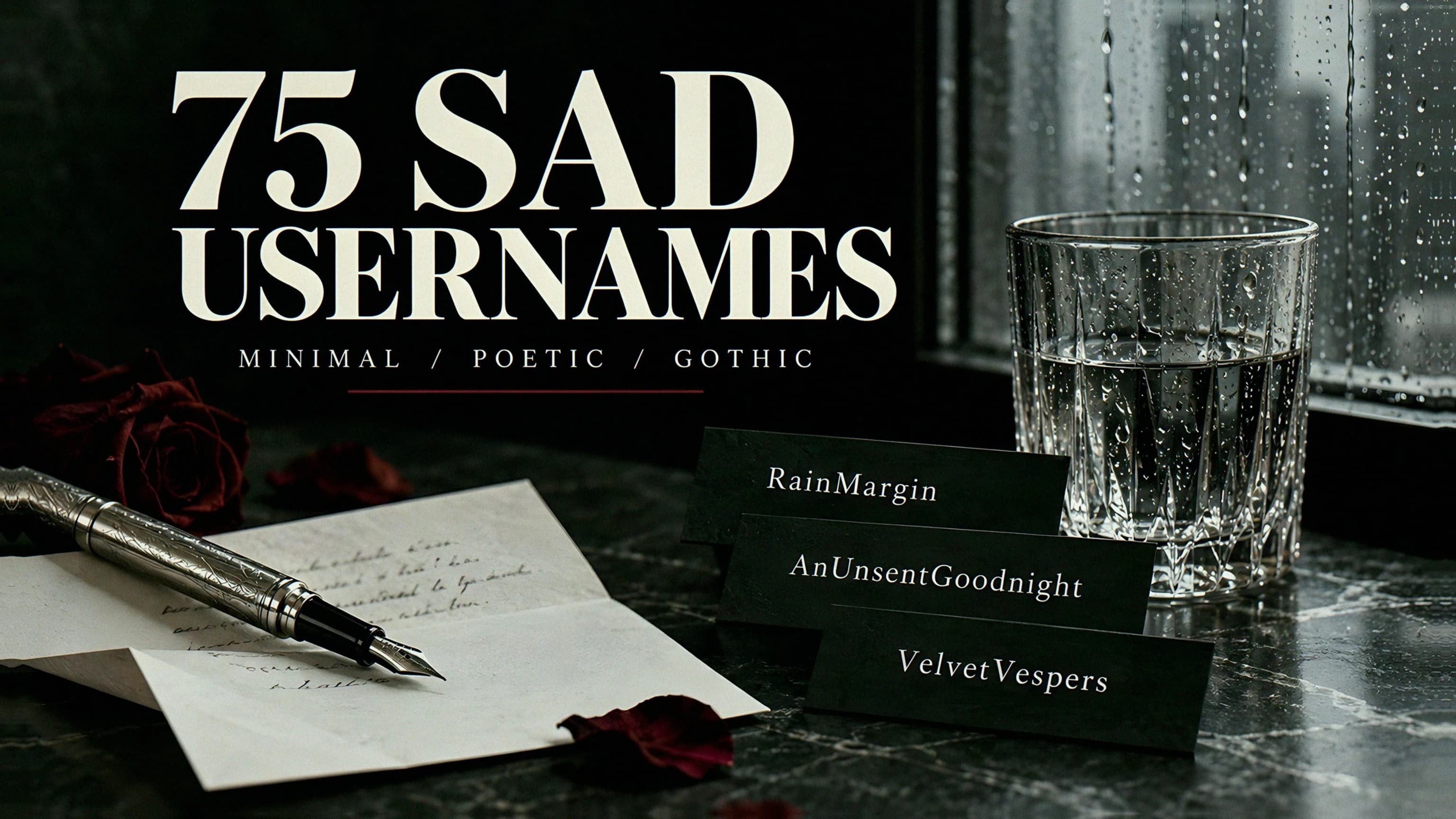 75 Sad Usernames with a fountain pen, rain-streaked glass, and name cards for RainMargin, AnUnsentGoodnight, and VelvetVespers