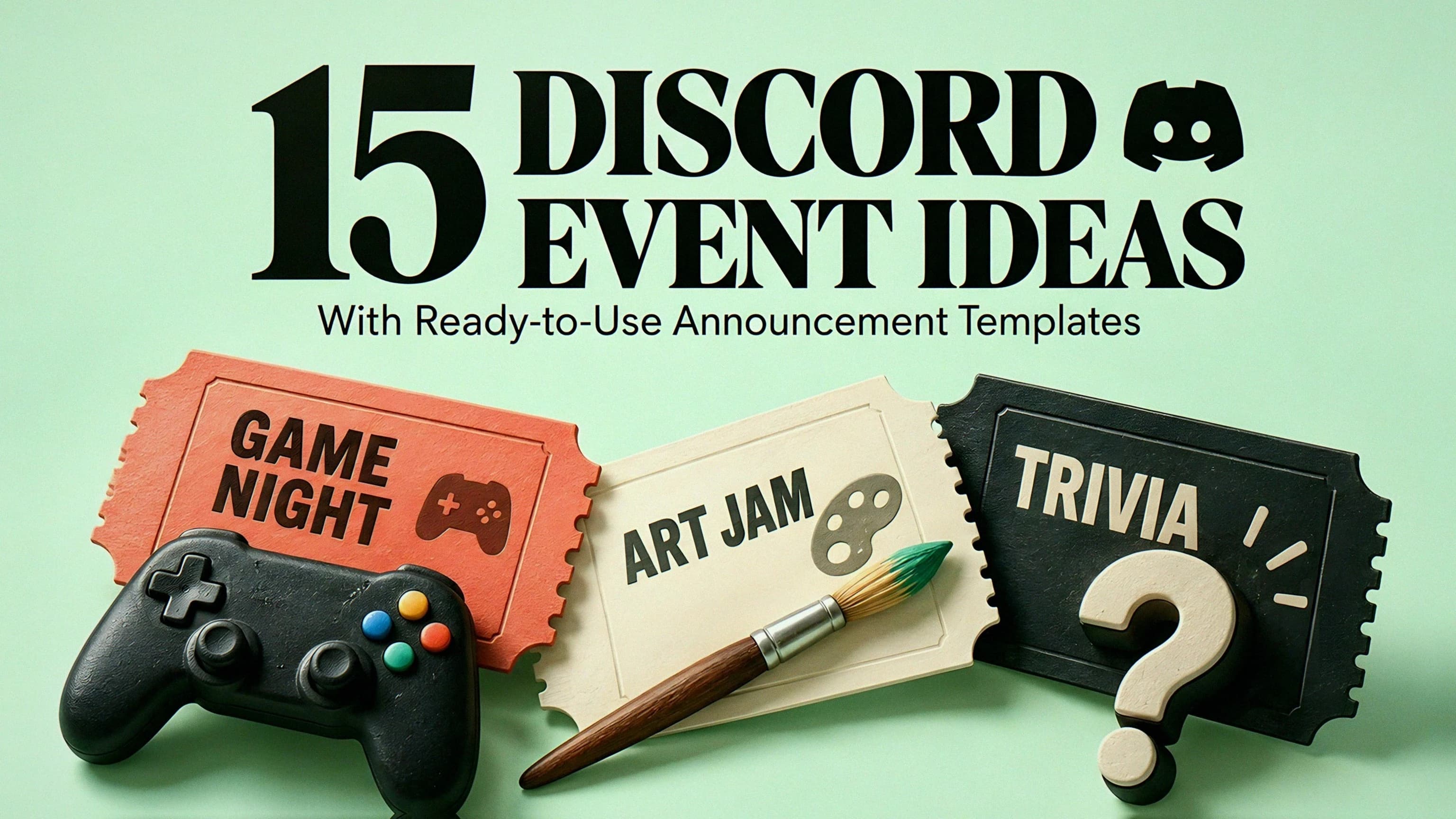 15 Discord Event Ideas with tactile Game Night, Art Jam, and Trivia tickets, a controller, and a paintbrush