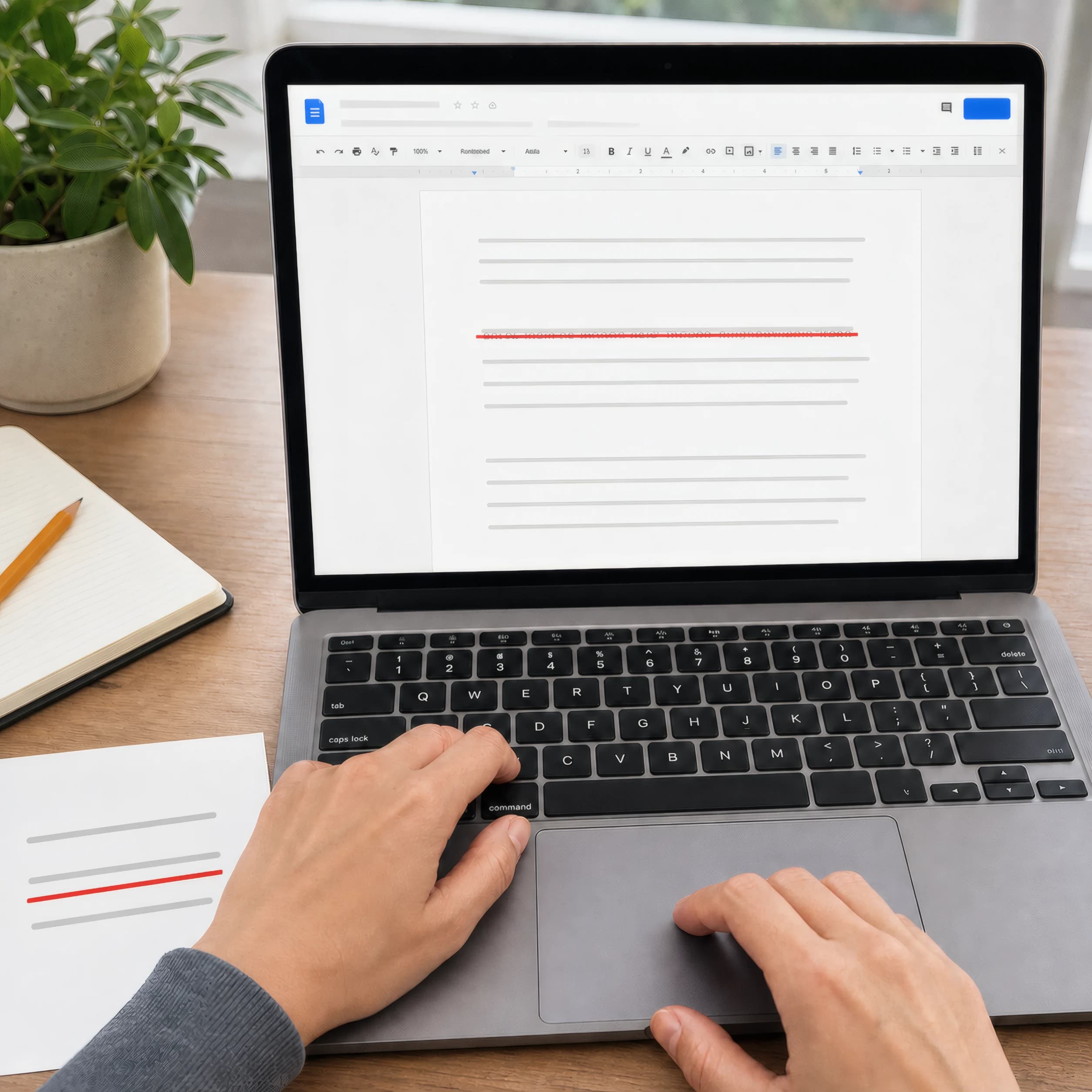 Laptop document with one crossed-out line beside a paper showing abstract strikethrough examples
