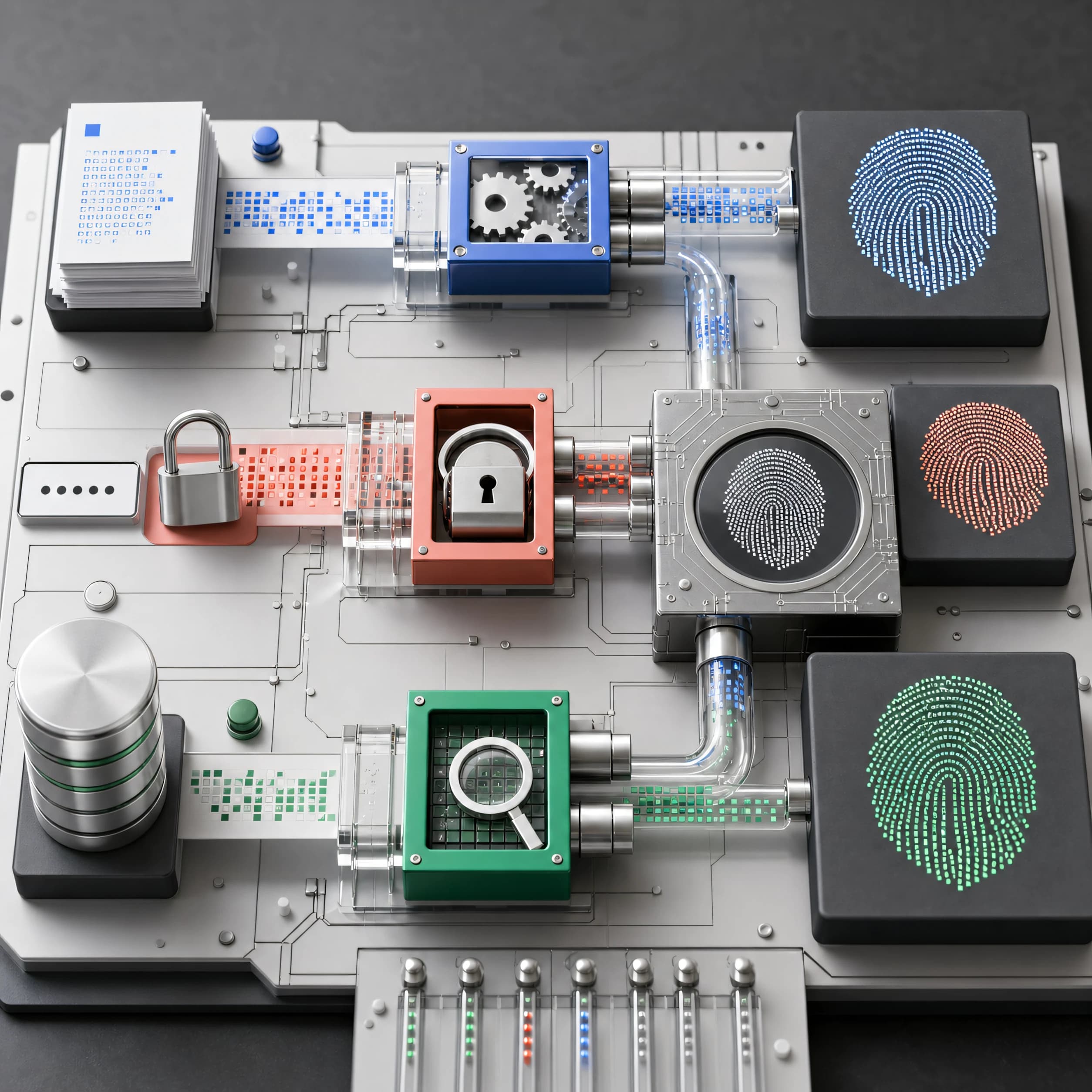 Three data pathways feeding lock, fingerprint, and fast lookup hashing mechanisms