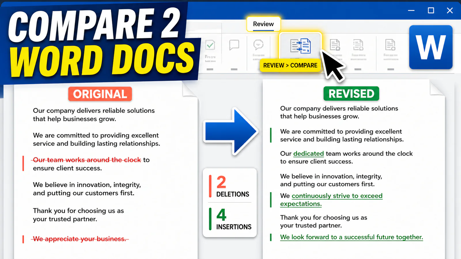 Original and revised Word documents compared side by side with deletions and insertions highlighted