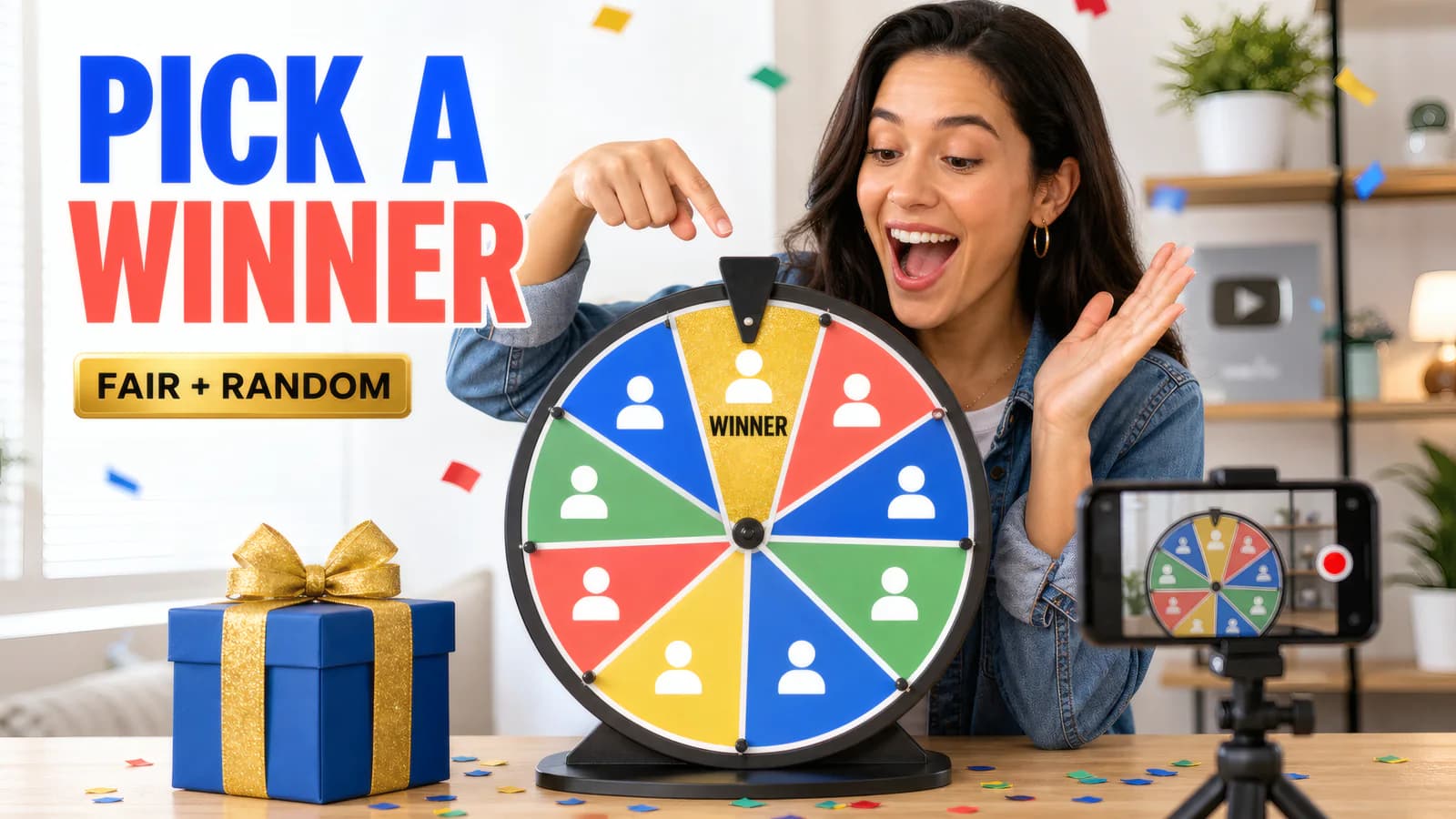 Creator recording a fair giveaway wheel as it lands on the winning entry