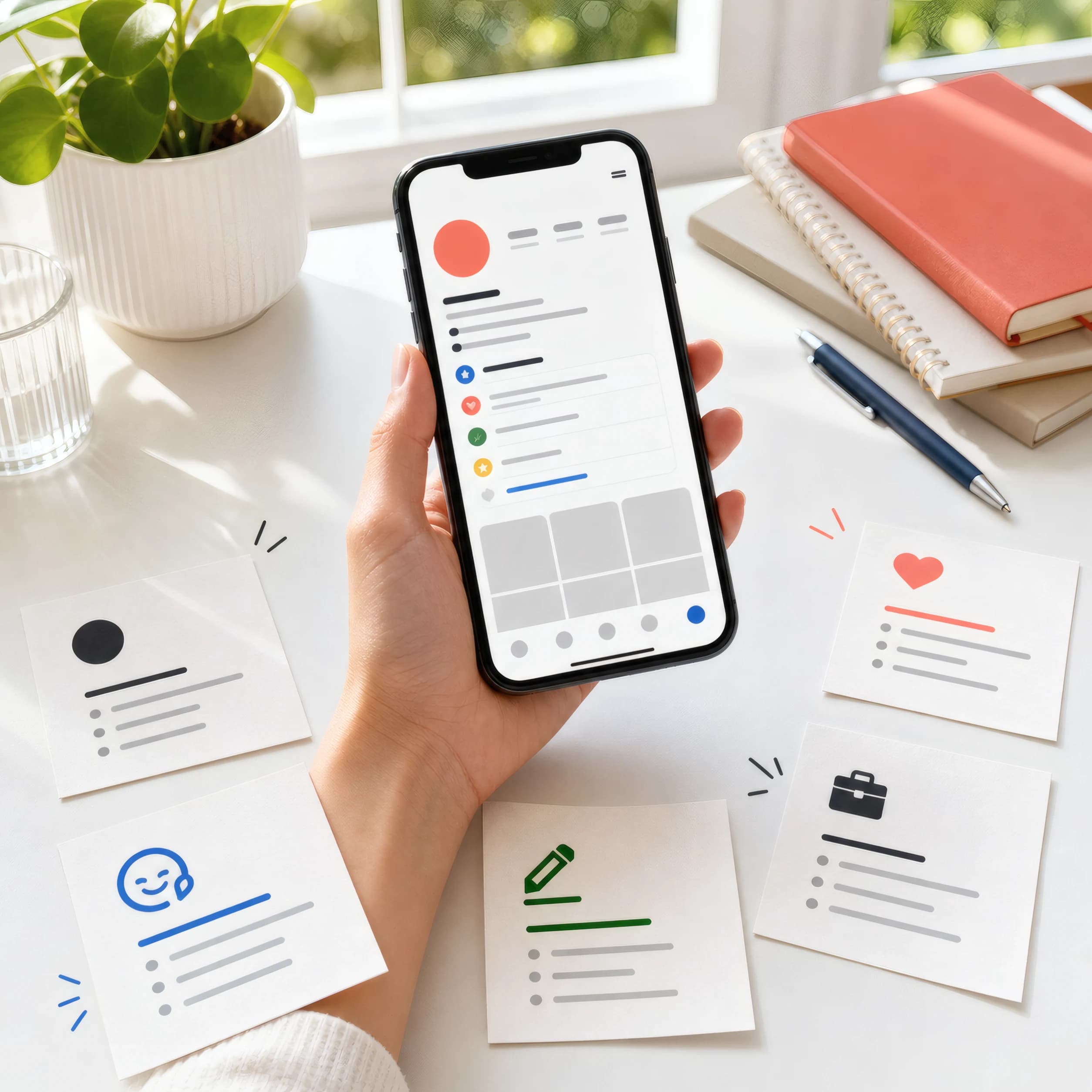 Hand holding a phone with an abstract social profile surrounded by five bio idea cards