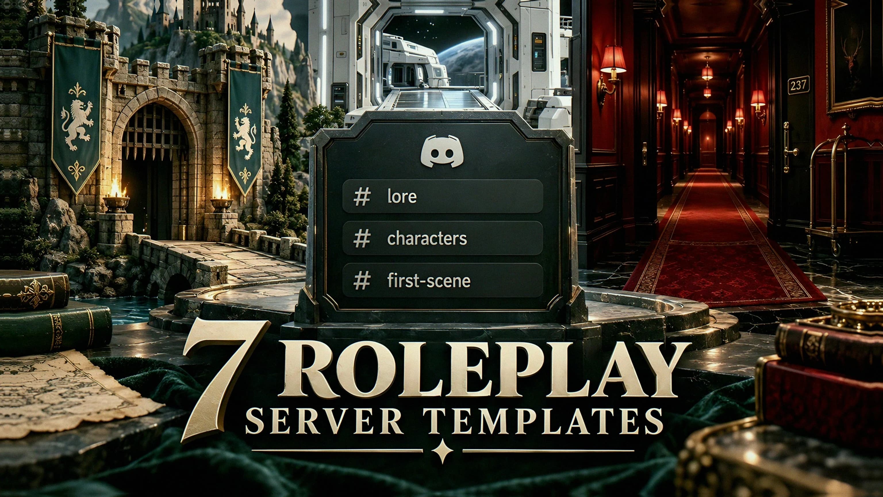 Seven roleplay server templates, illustrated by fantasy, space-station, and horror settings around Discord channels
