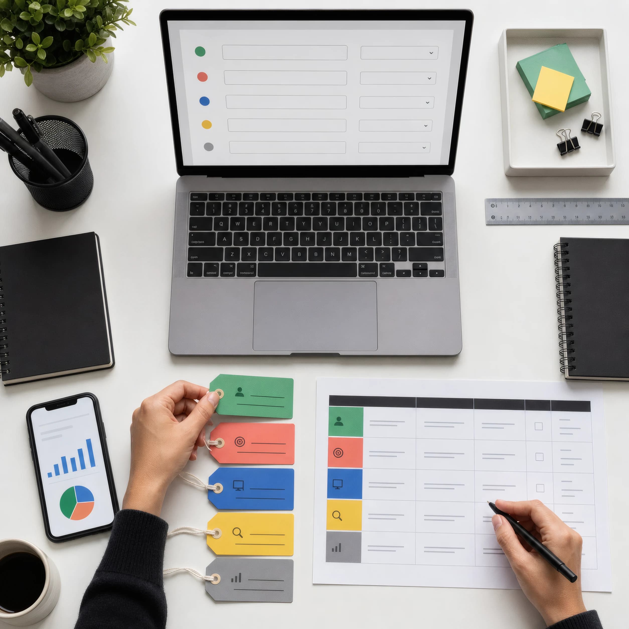 Overhead campaign desk with five color-coded tags, a URL builder, and an analytics chart