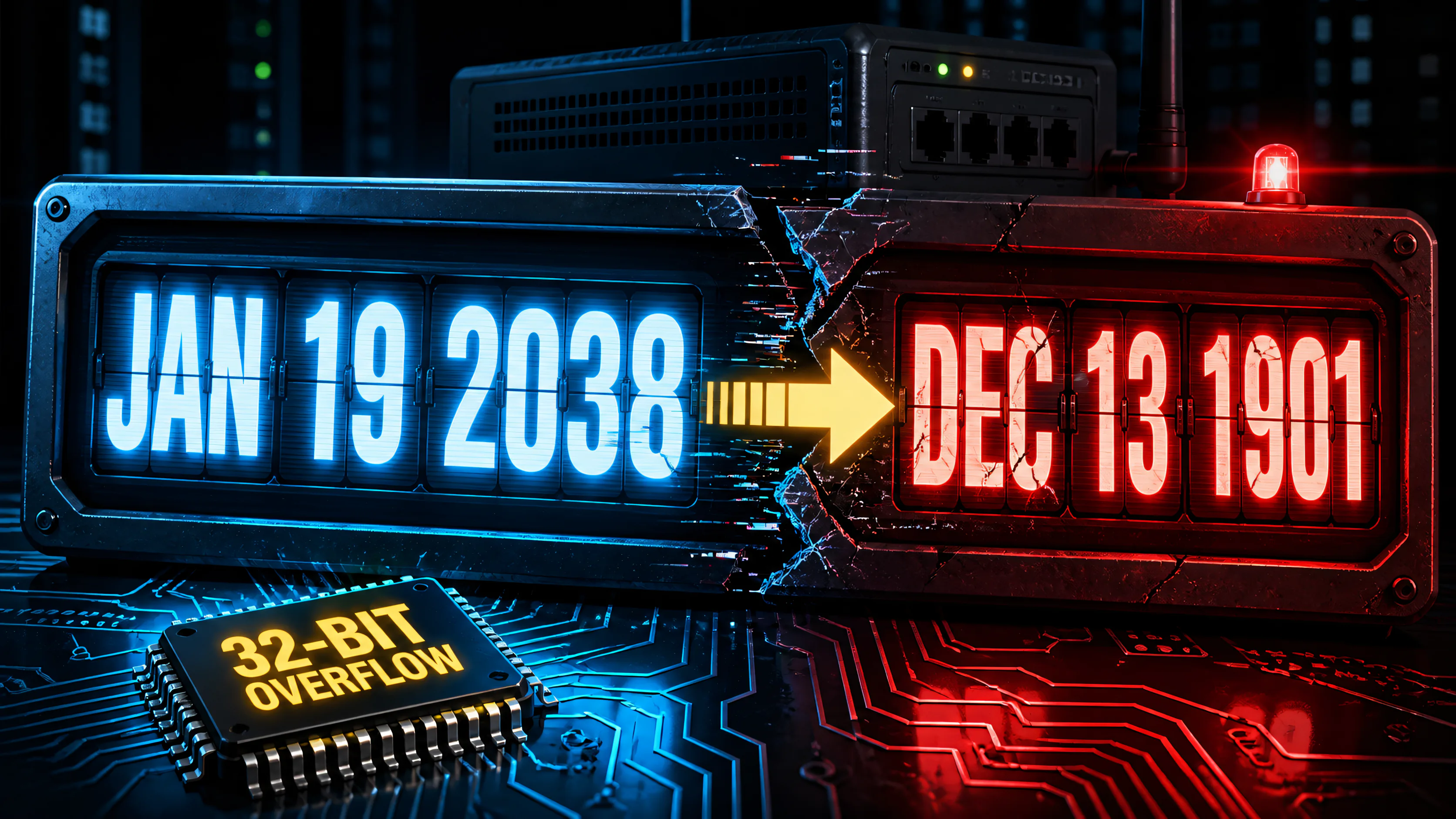 Digital timestamp display rolling from Jan 19 2038 into Dec 13 1901 above a 32-bit chip