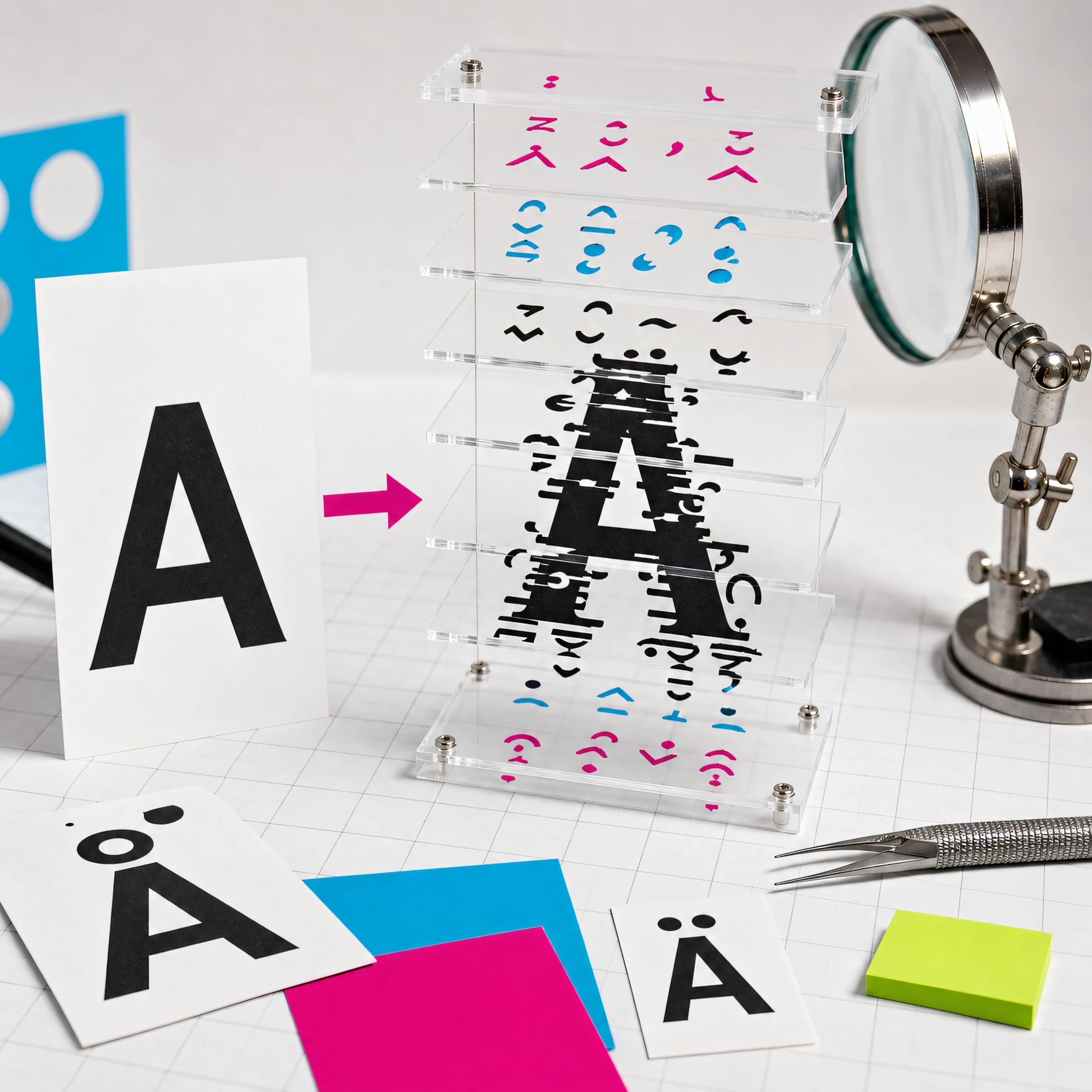 Plain letter A transforming into stacked accent marks on clear typographic layers