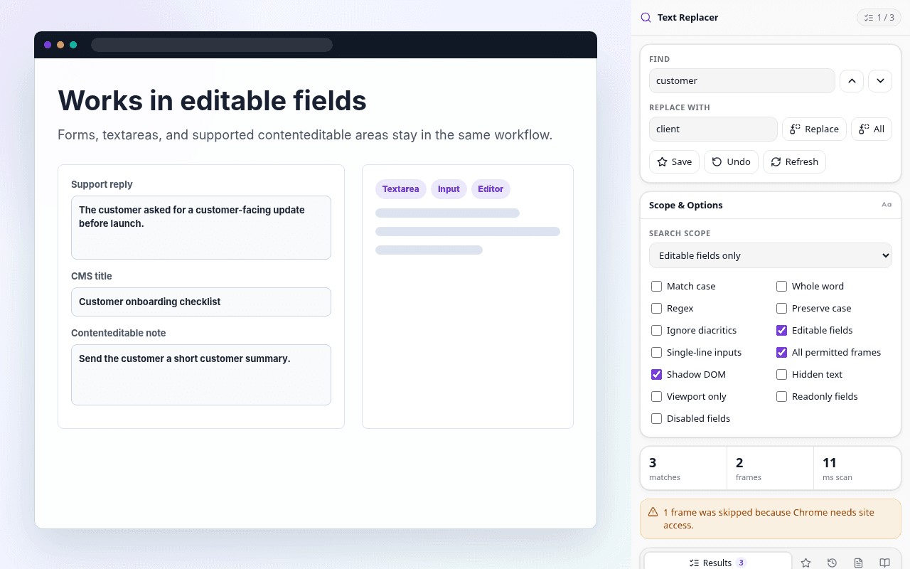 Text Replacer finding matches in editable fields.