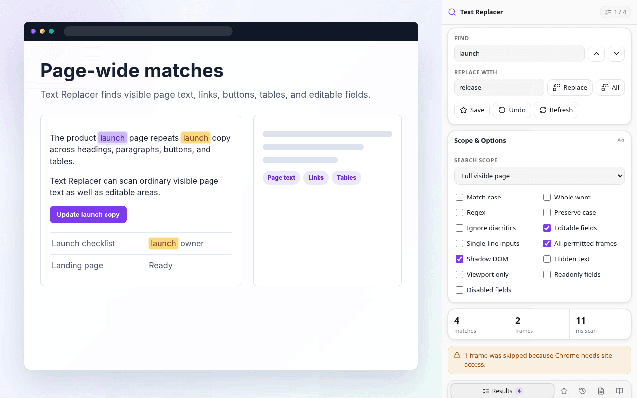 Text Replacer for Chrome open beside a page with highlighted matches.
