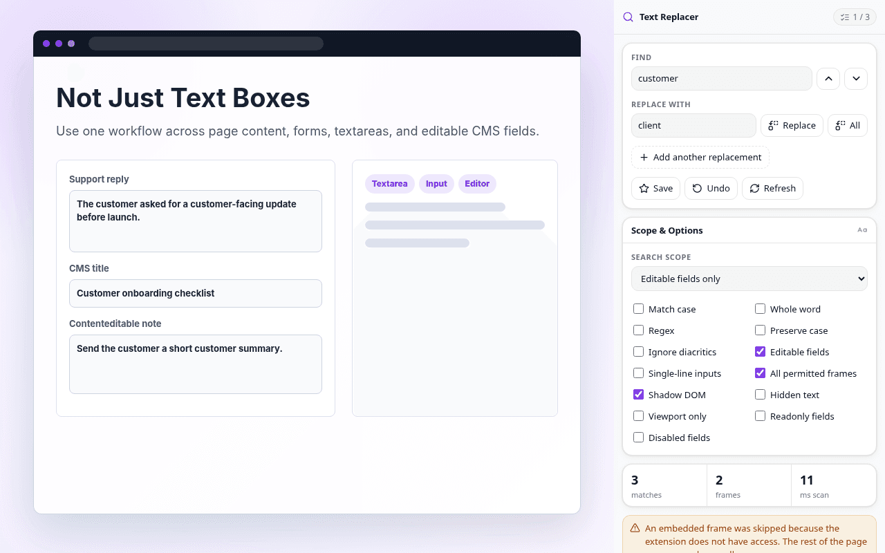 Find and Replace Anywhere finding matches in forms and editable fields.