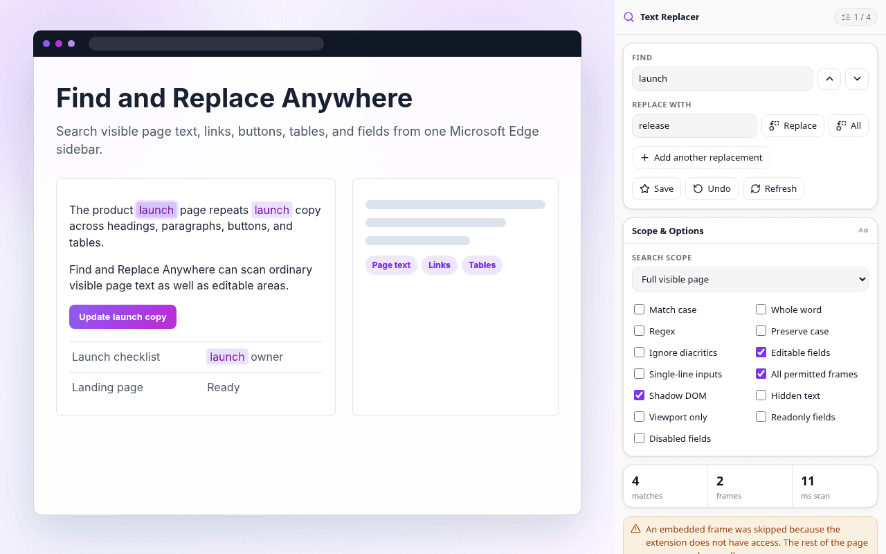 Find and Replace Anywhere open beside a page in Microsoft Edge.