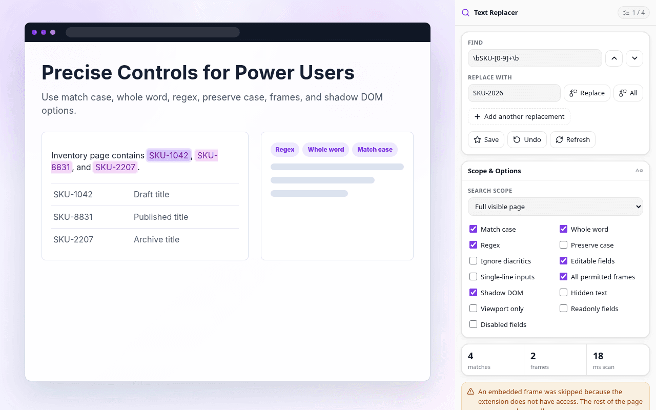 Regular expression and matching controls in Find and Replace Anywhere.