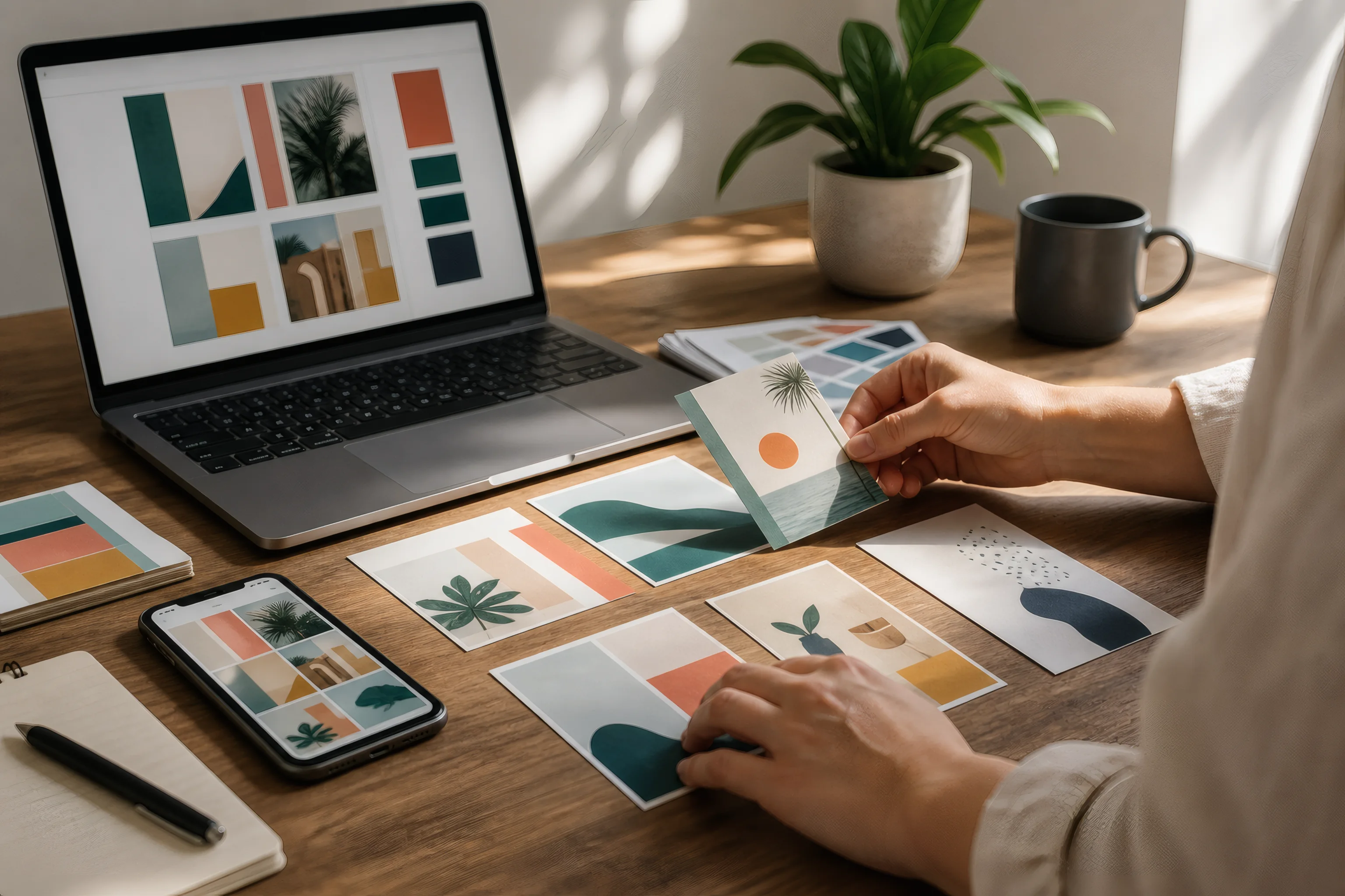 Freelancer arranging colorful content cards beside a laptop for an AI-assisted content workflow