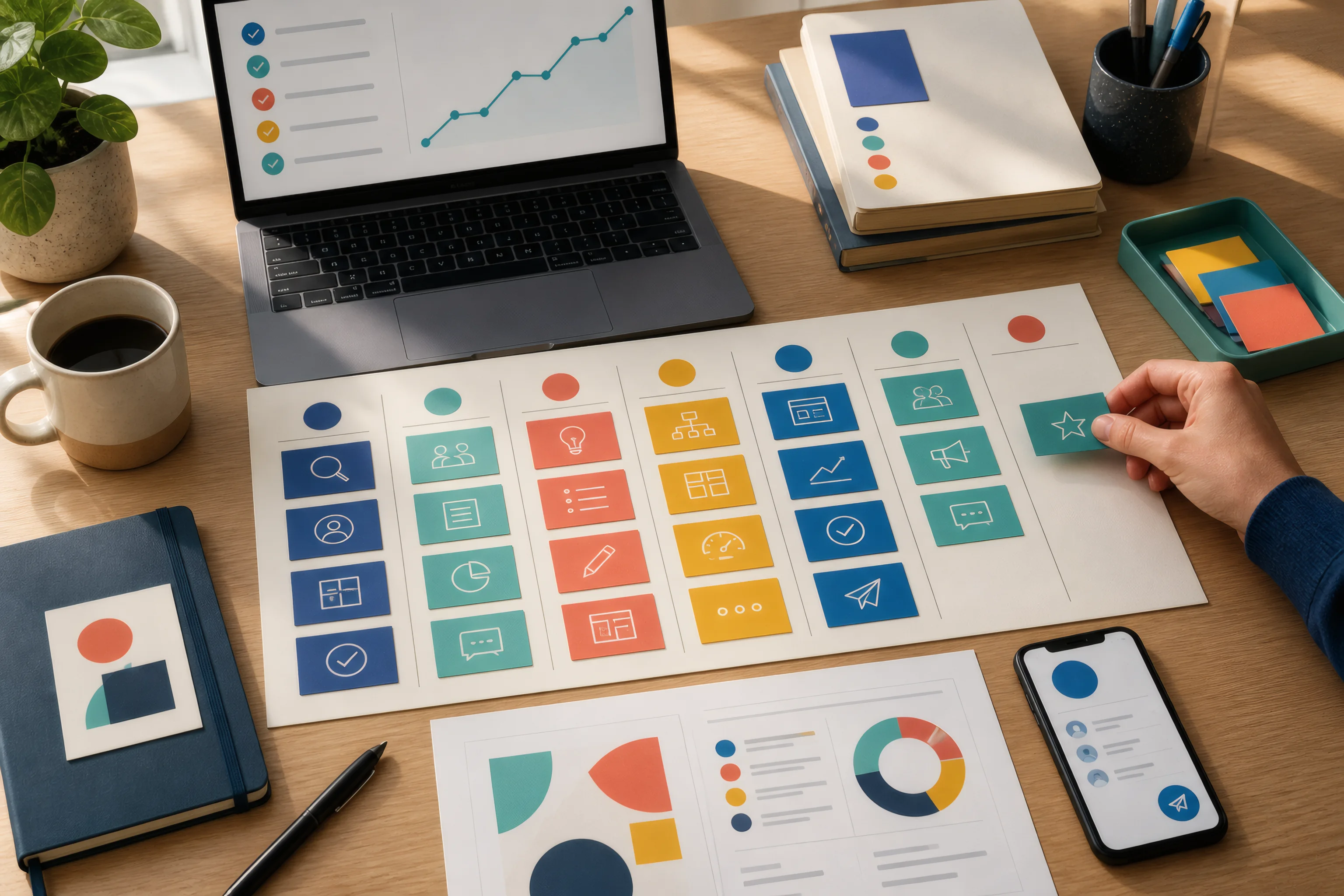 Hand placing the final card on a colorful seven-day AI side-hustle launch plan