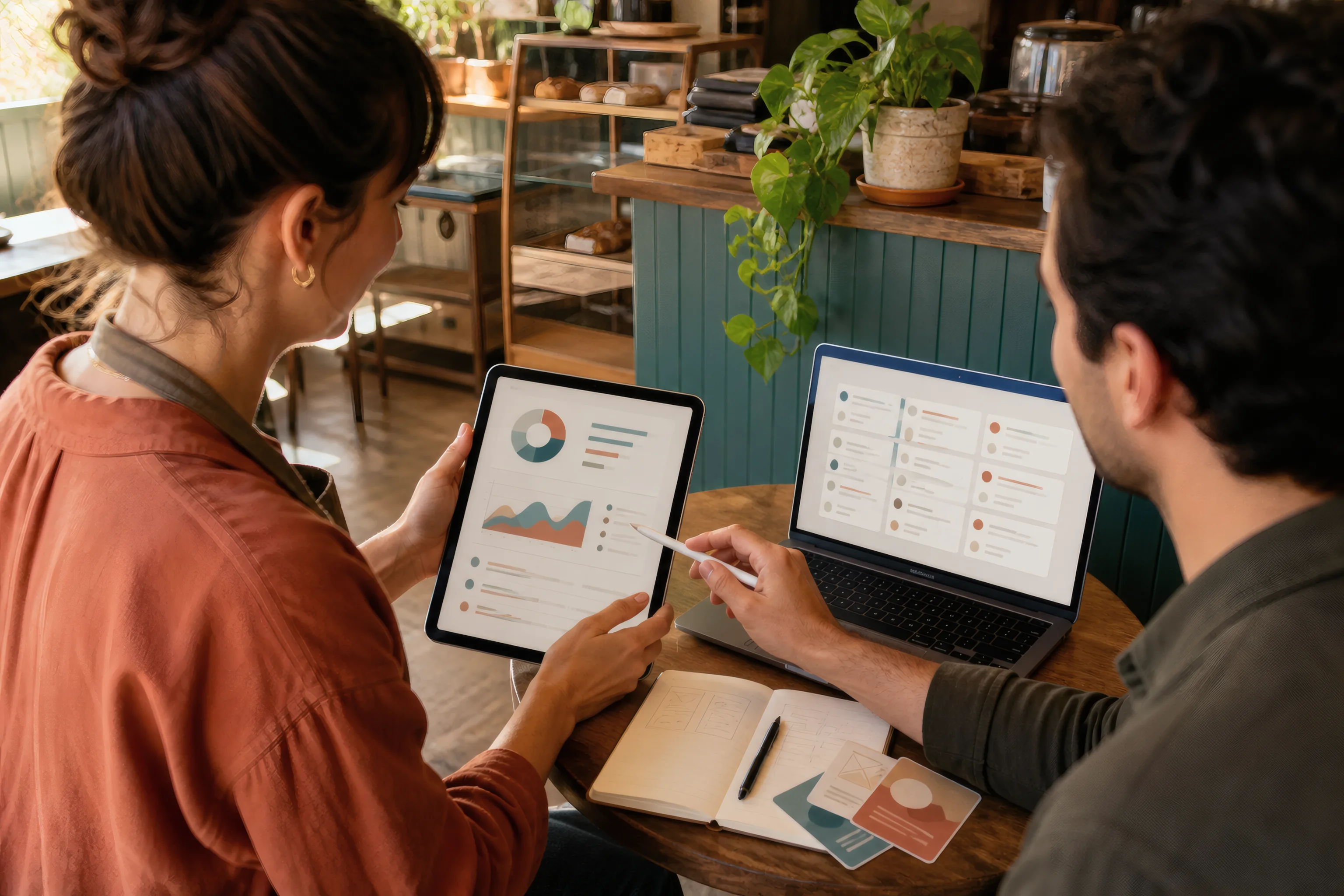 Freelancer and cafe owner reviewing customer feedback dashboards on a tablet and laptop