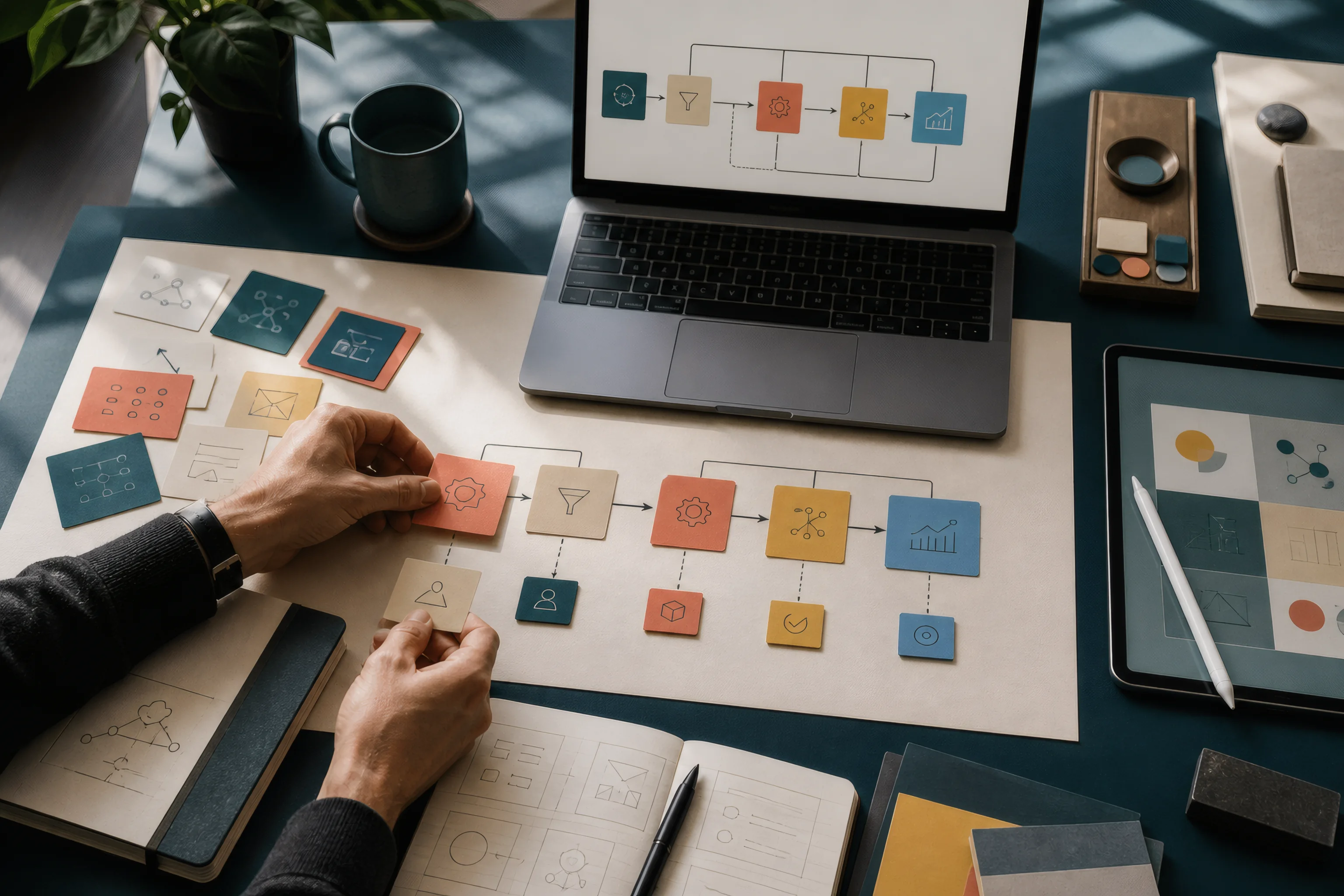 Hands organizing a color-coded AI workflow kit around a laptop and tablet