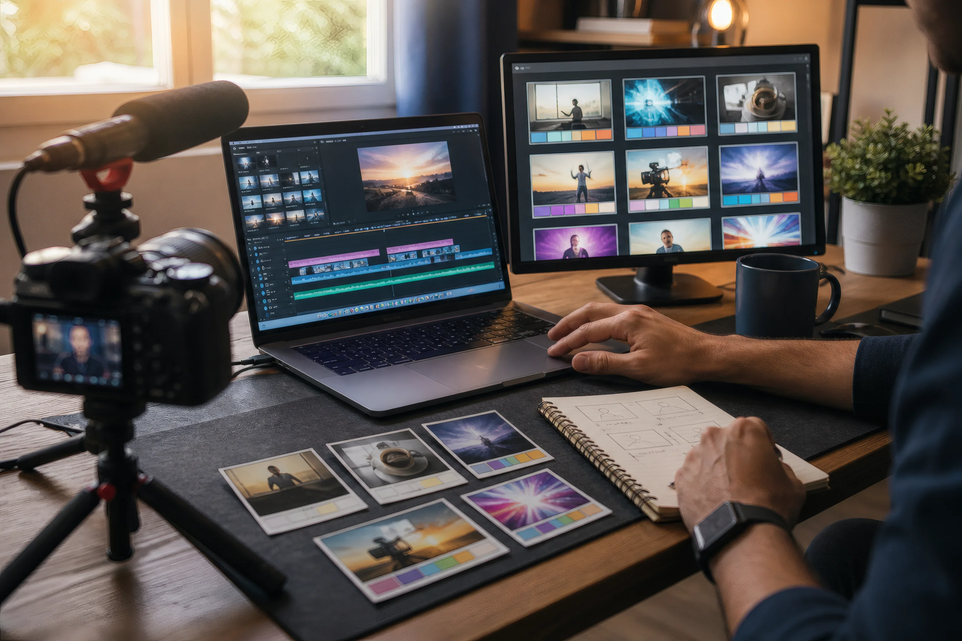 Solo creator reviewing a video edit, storyboard cards, and thumbnail concepts in a small studio