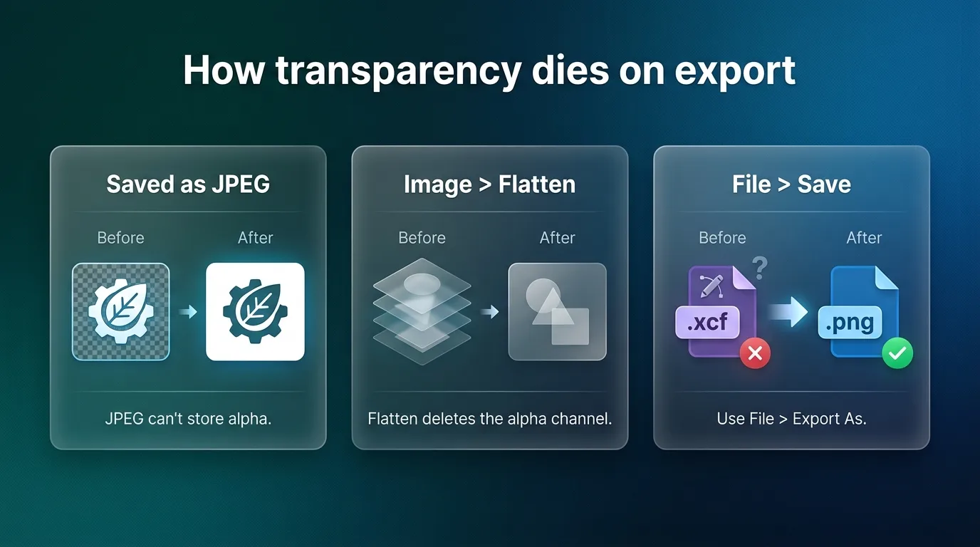 The three export mistakes that erase transparency in GIMP: JPEG export, flattening, and saving as .xcf instead of exporting