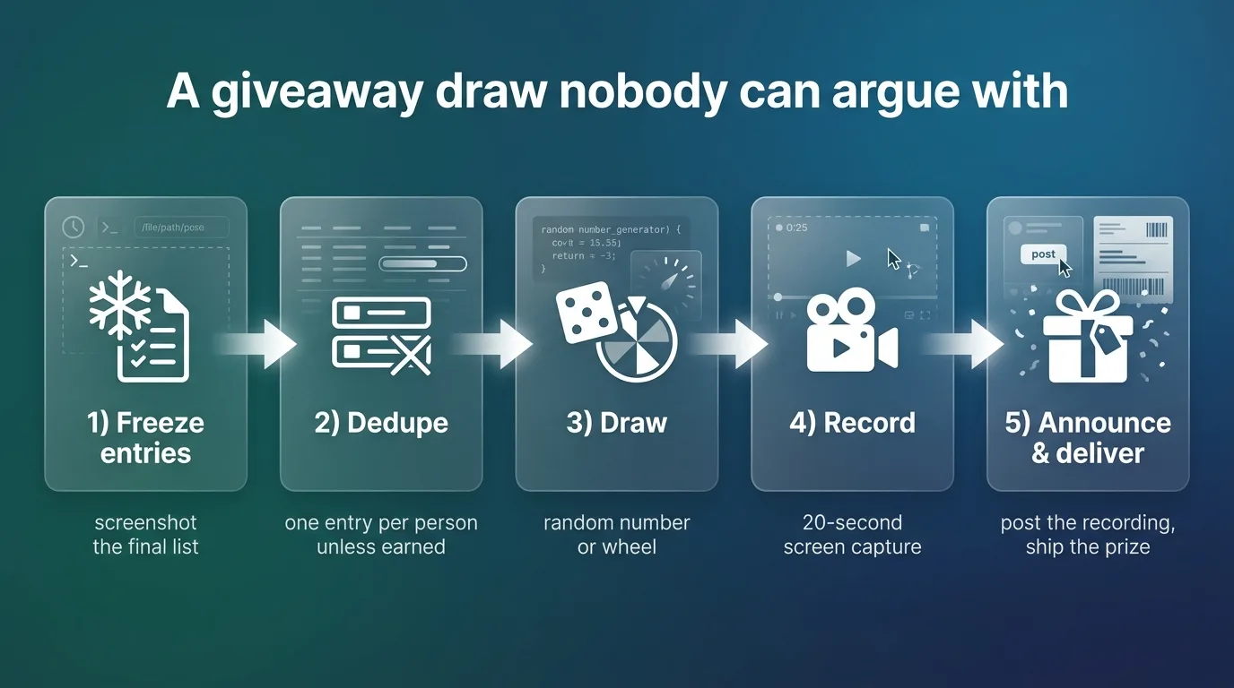 Five-step process for a fair giveaway draw: freeze entries, dedupe, draw, record, announce and deliver