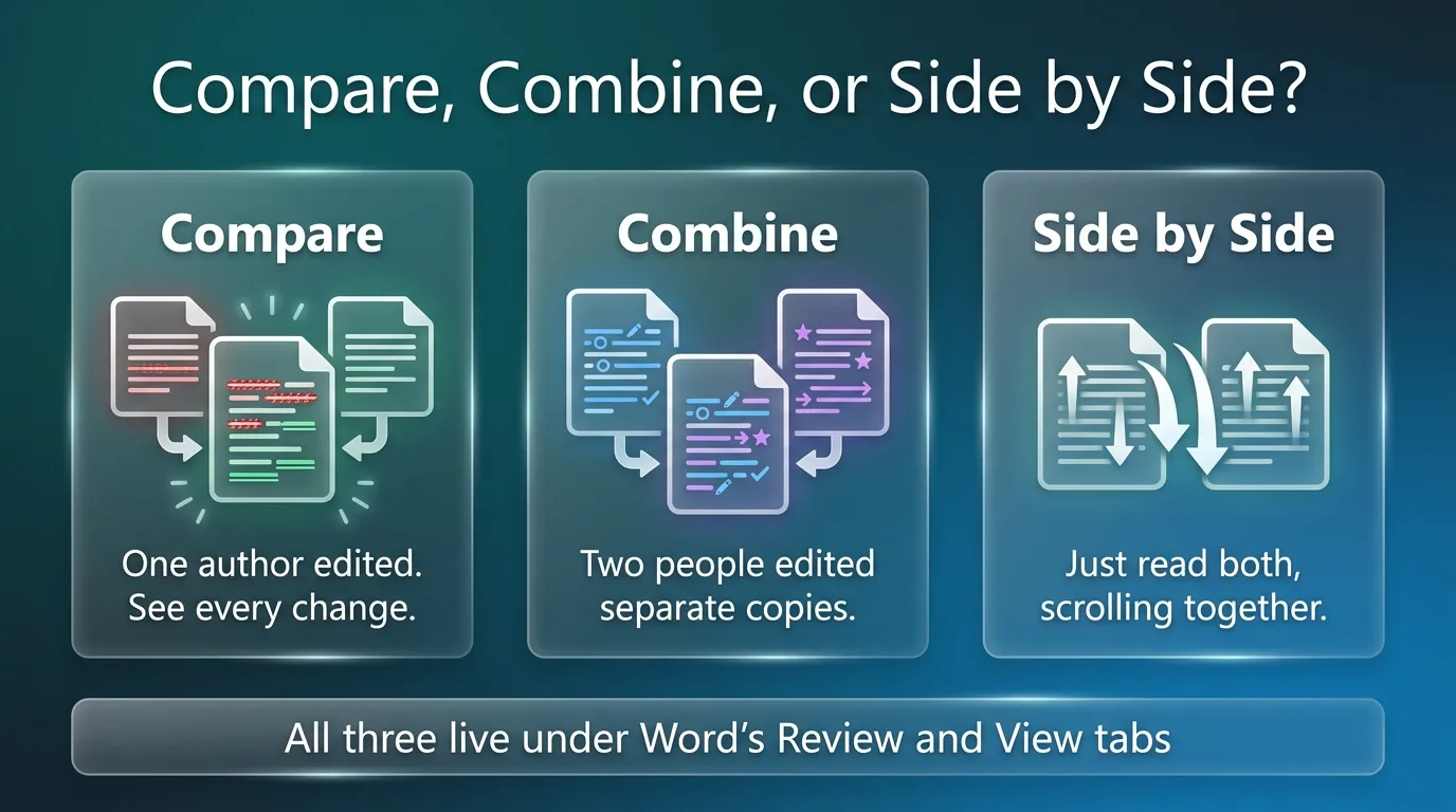 Chart comparing Word's Compare, Combine, and Side by Side features and when to use each