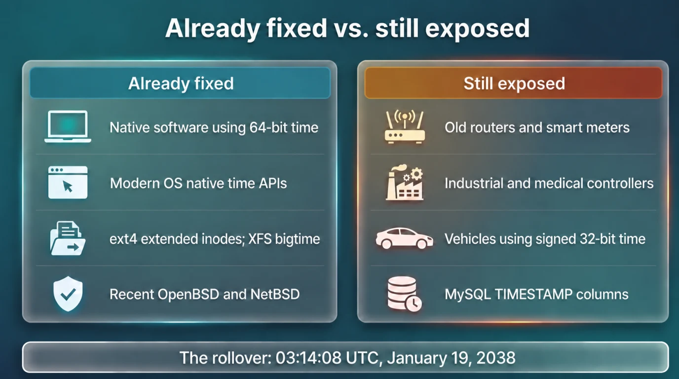 Two-column chart of systems already fixed for 2038, including software using 64-bit time, ext4 with extended inodes, and XFS with bigtime enabled, versus firmware and databases still exposed