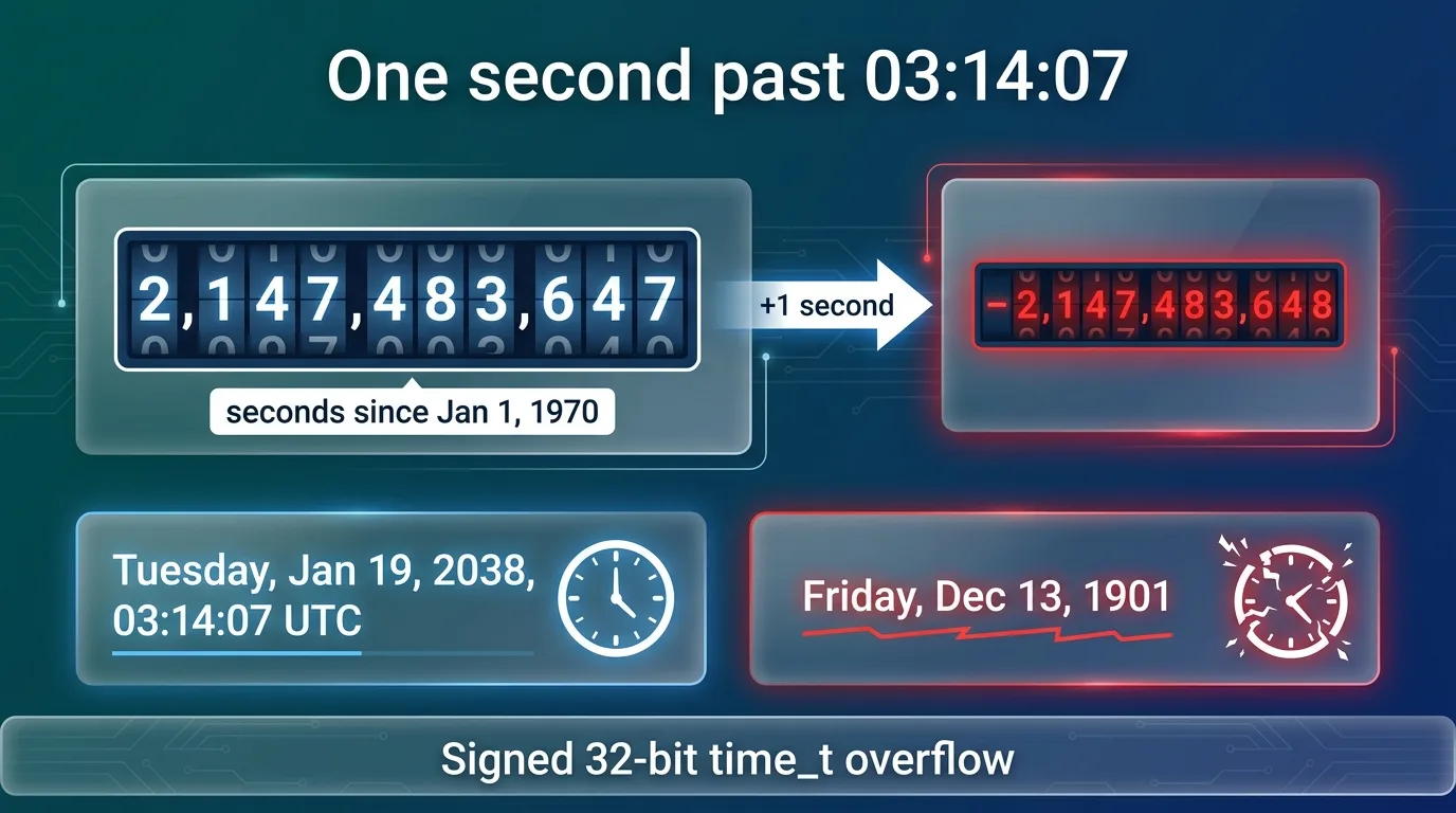 Diagram of the 32-bit counter reaching 2,147,483,647 seconds and wrapping to negative, turning January 2038 into December 1901